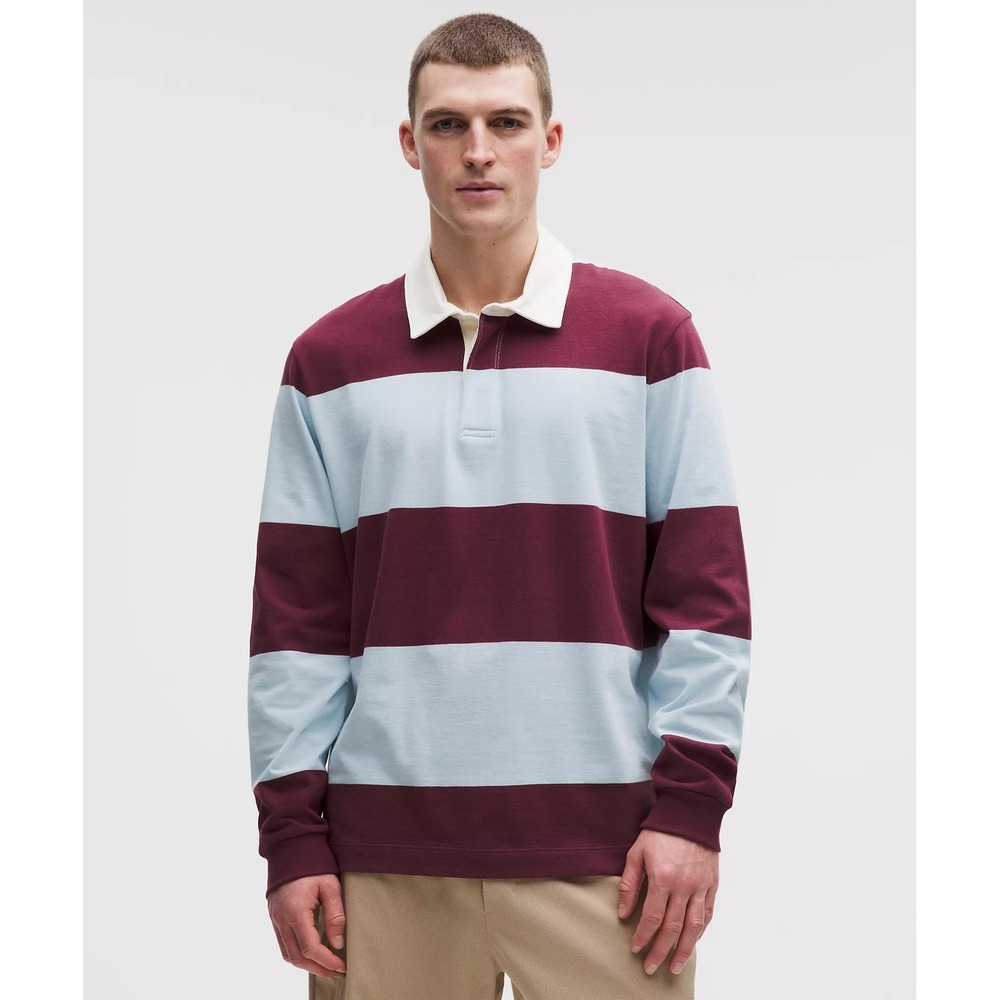 Lululemon-Long-Sleeve Cotton Rugby Shirt-Wide Stripe Burgundy Bay Foam Cloud